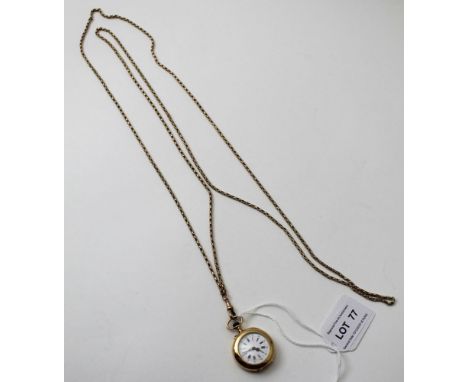 A 9ct gold guard chain with watch clip, 21g, together with a yellow metal ladies fob watch with enamel dial