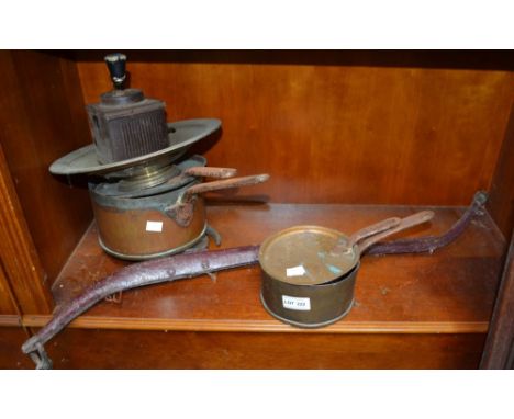 Two copper saucepans with covers, coffee grinder etc