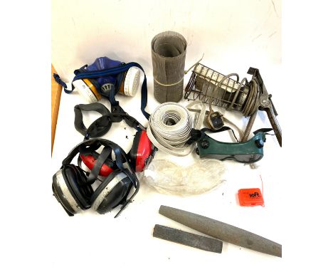 Box of miscellaneous to include: inspection lamp, welding and safety goggles, fumes mask, roll of sieve mesh etc 