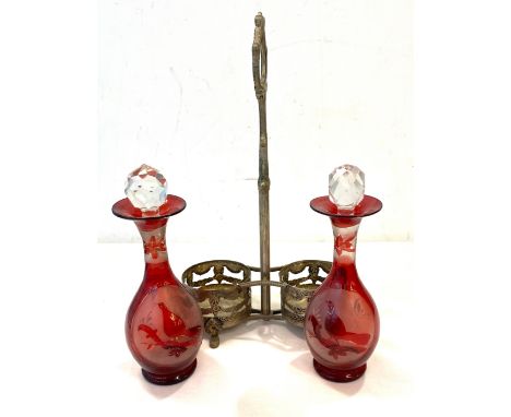 Stand with 2 etched glass ruby vinegar bottles