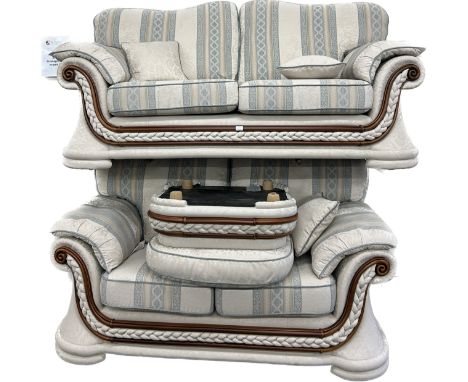 Matching fabric sofa set consisting of a 3 seater, 2 seater, Armchair and matching pouffe, all in good overall condition, app