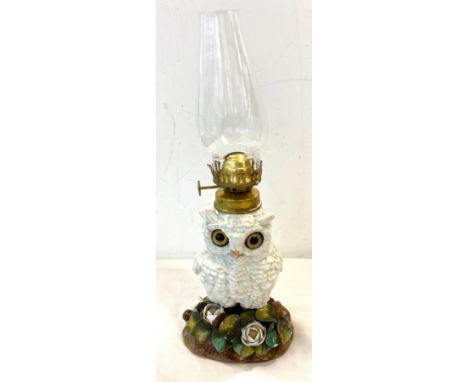 Small Owl Oil Lamp with glass eyes losenge mark circa 1880. small chips 12 inches tall