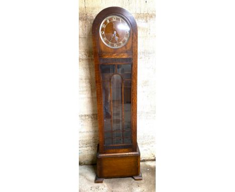 Oak cased dutch long case clock with weights and pndulum, cracked glass height approx 75 inches