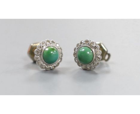 A pair of 14k, simulated jade and diamond cluster set ear studs, 10mm, gross weight 3 grams.,