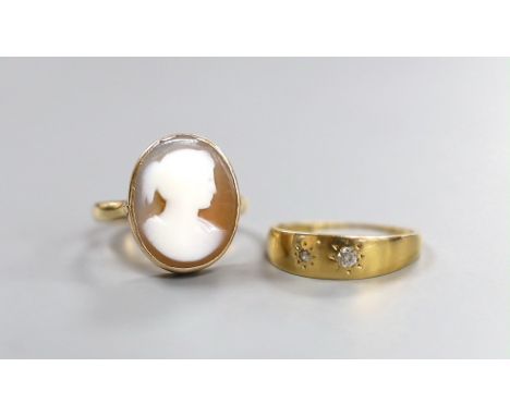 An 18ct and two stone gypsy set diamond ring, gross 2.6 grams and a 9ct gold cameo portrait ring, gross 3.3 grams.