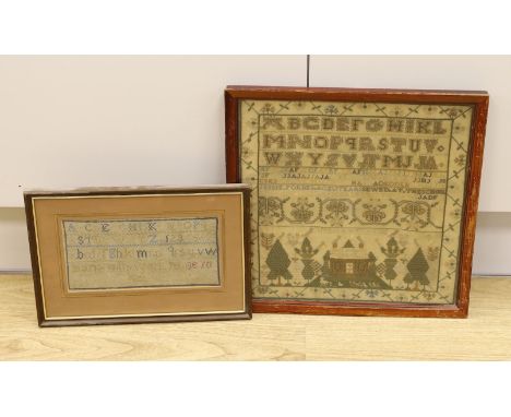 A 19th century cross stitch alphabet sampler, lower panel, depicting a house birds and trees, together with a later sampler-1