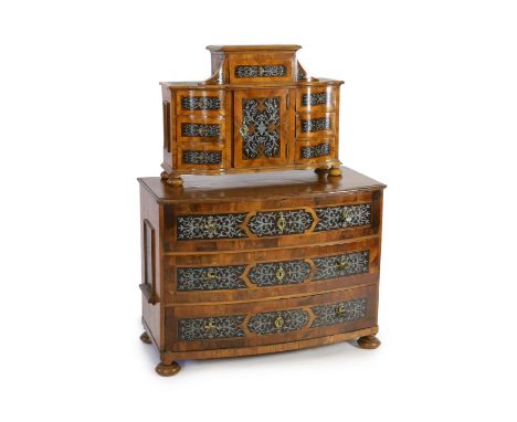 A South German walnut and cut pewter inlaid commode and matching tabernacle, second quarter 18th century, the upper section w