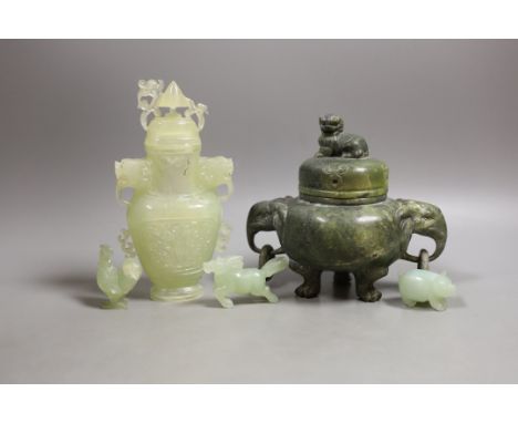 A Chinese green soapstone tripod censer and cover and a group of Chinese bowenite jade carvings- censer 14 cms high.