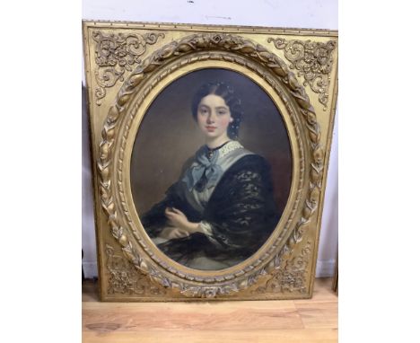 Richard Buckner (1812-1893), oil on canvas, oval portrait of Mrs Beauclerk, 86 x 67cm, in a good Victorian giltwood and compo