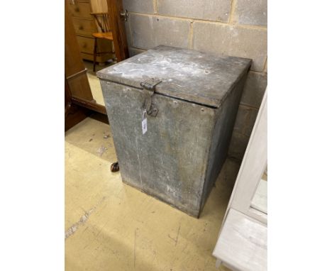 A vintage galvanised grain bin with locking hasp, width 58cm, depth 58cm, height 80cm