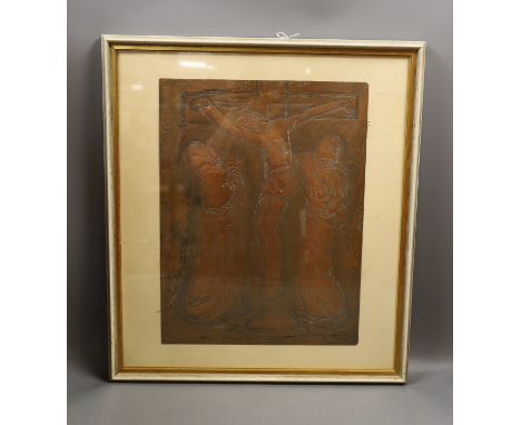 An etched copper crucifixion panel, 30 cms x 40 cms.