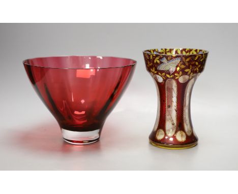 An American? enamelled glass vase and a ruby glass bowl,bowl 23.5 cms diameter.