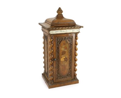 A mid 19th century French marquetry inlaid walnut country house post box-57 cms high. of architectural form, with barley twis