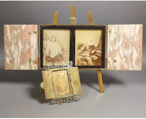 A brass and marble mounted diptych easel frame and a brass and agate mounted easel photo frame, largest24.5 cms wide x 32 cms