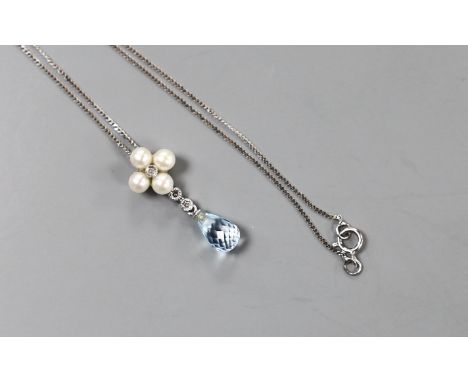 A modern 9k white metal, blue topaz, cultured pearl and diamond cluster set drop pendant, 23mm, on a 375 fine link chain, 46c