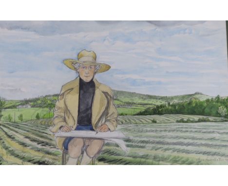 Moira Hoddell, pencil and watercolour, Self portrait sketching in a field, signed and dated 1993, 40 x 56cm