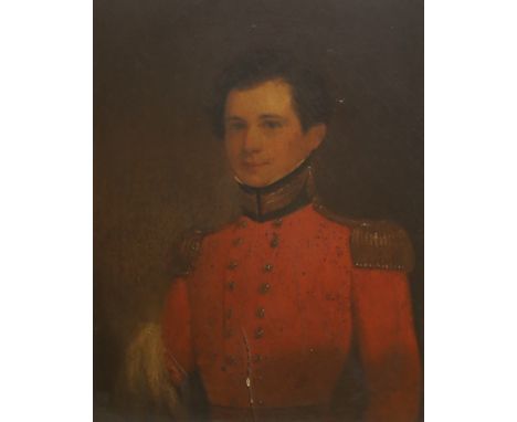 English school, 19th century, oil on board, portrait of a Young army officer, indistinctly inscribed verso Wallace, 23.5 x 18