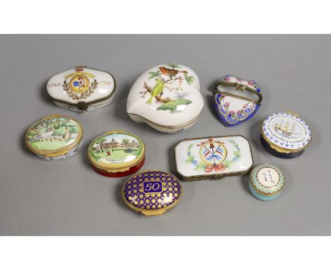 Four Halcyon Days enamel boxes, a Herend Rothschild Bird box and cover, and other trinket boxes (9)