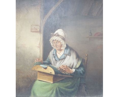 19th century Flemish School, oil on wooden panel, 'The Lacemaker', 30 x 28cm
