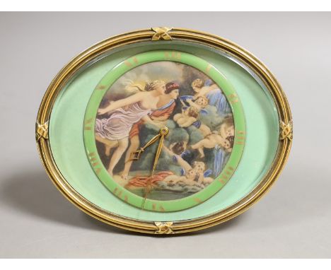 A Mappin oval enamel and brass easel timepiece, 12 cms wide.