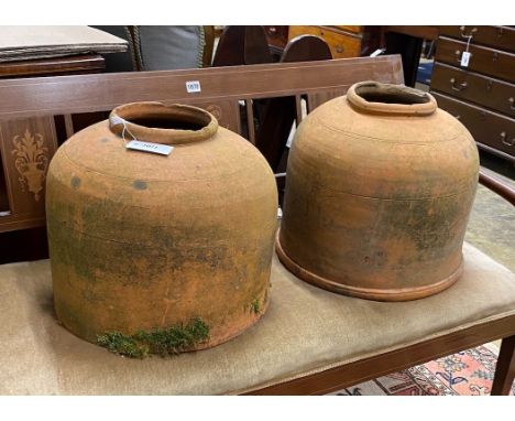A pair of vintage terracotta rhubarb pots, diameter 41cm, height 35cm