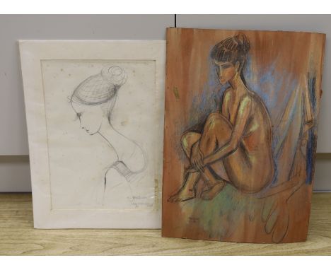 John Skelton (1923-2009) - Sketch of a seated nude, pastel and charcoal on board, signed, dated ‘56, unframed, 50 x 35cms. an