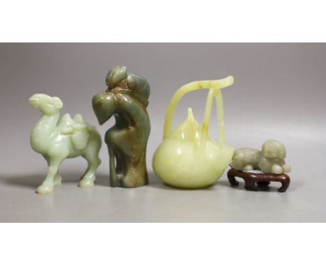 Three Chinese jade or hardstone figures and a bowenite jade wine pot, 12.2cm high (4)