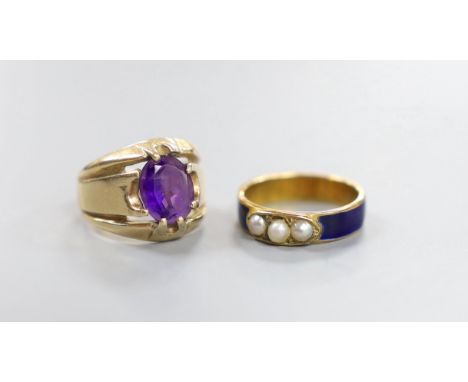 A yellow metal, blue enamel and three split pearl set band and a 9ct gold and amethyst set dress ring, gross 9.4 grams.