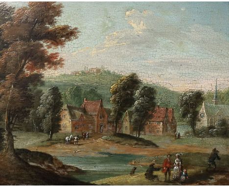 Follower of Jacob Salomonsz van Ruysdael (Dutch, 1629-1682) Figures in a landscape with houses and church beyondoil on wooden