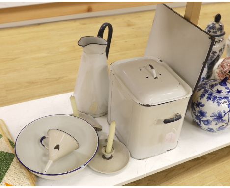 A group of white enamel kitchenalia, bread bin, bowl, jug etc-bread bin 31 cms wide x 30 high.