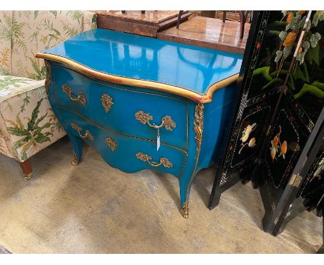 A Louis XV design gilt metal mounted aquamarine lacquered chestnut bombe commode, width 114cm, depth 66cm, height  84cm.
