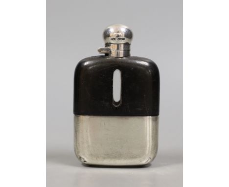 A George V silver and leather mounted glass hip flask, James Dixon &amp; Sons, Sheffield, 1919, 11.5cm.