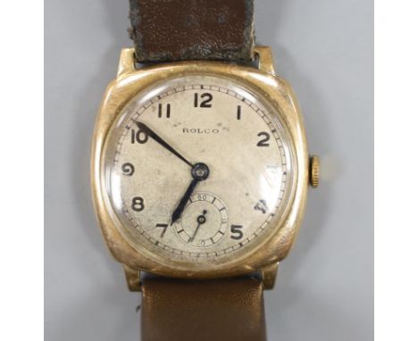 A gentleman's 1930's 9ct gold manual wind wrist watch, with Arabic dial signed 'Rolco' and subsidiary seconds, unsigned movem