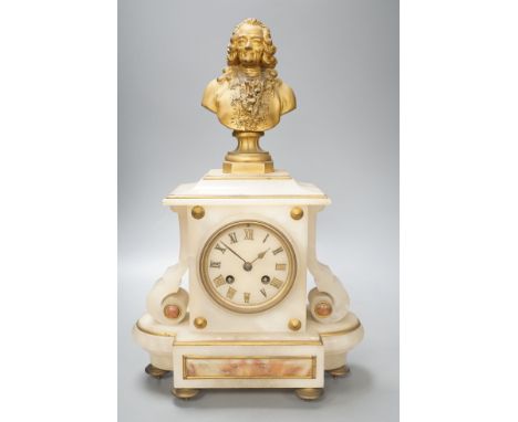 A 19th century French spelter and alabaster mantel clock, 40cm