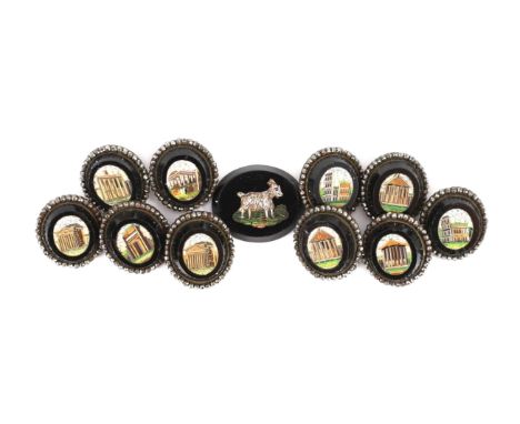 A set of ten 19th century Italian micro-mosaic buttons, mounted within cut steel borders, each depicting views of classical R
