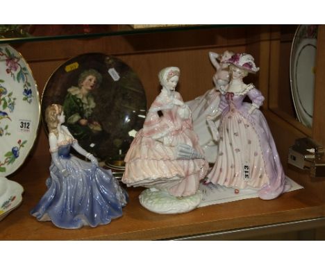 FOUR FIGURINES AND VARIOUS COALPORT COLLECTORS PLATES, to include Limited Edition Royal Worcester '1855 - The Crinoline' 7081