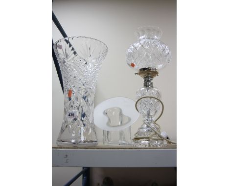 A CUT GLASS VASE OF FLARED FORM, height approximately 35cm, together with a glass table lamp and shade and another vase (3) 