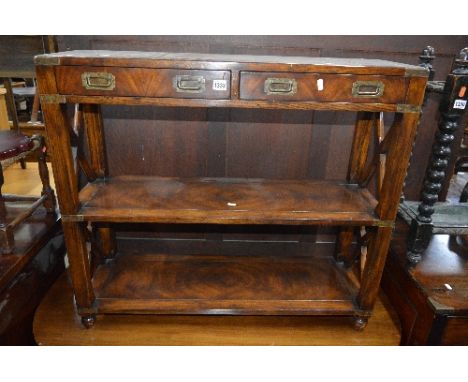 A MODERN OAK CAMPAIGN HALL TABLE, with two drawers above two tier shelves 