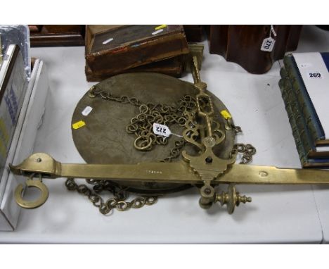 A SET OF 19TH CENTURY BRASS '5 KILOS' HANGING SCALES, marked 'J. Noriega, Latoneros, Madrid'