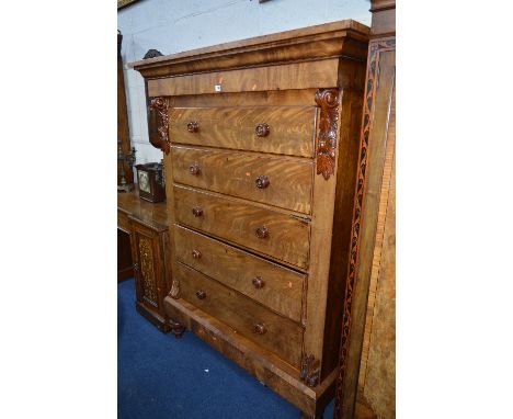 A LARGE VICTORIAN WALNUT CHEST, of five drawers with turned handles, on raised feet and foliate moulding, approximate size wi
