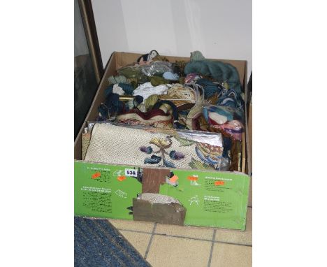 A BOX OF TAPESTRY WOOLS, printed outlines and two framed prints (3)