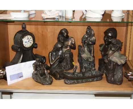 SEVEN GENESIS FINE ARTS BRONZED RESIN FIGURAL ORNAMENTS, together with a quartz mantel clock by Genesis (8)