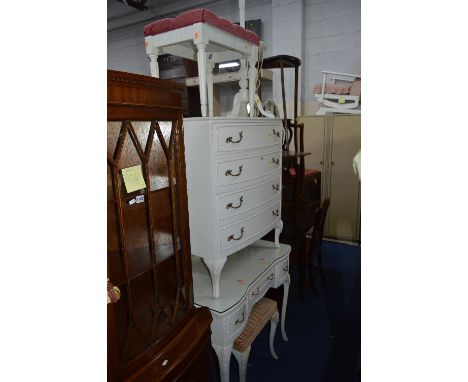 A PAINTED DRESSING TABLE, chest of drawers, standard lamp, two stools and a mirror  (6)