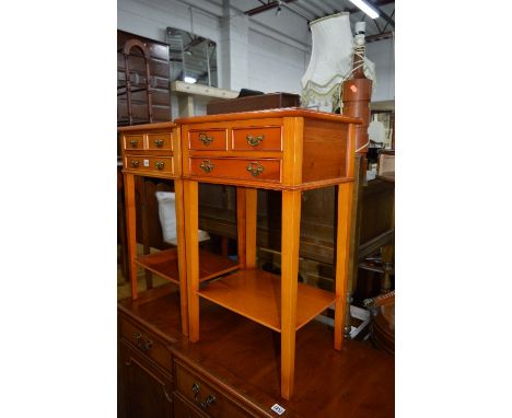 A PAIR OF YEW WOOD BEDSIDE DRAWERS, on square tapering legs united by an undertier (2)