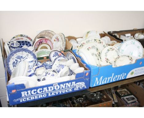 FOUR BOXES OF ASSORTED DINNER AND TEAWARES, including Wedgwood 'Richmond' pattern, assorted 'Willow' patterns and Spode Darli