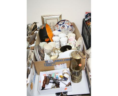 A MINERS LAMP, ENAMEL NAPKIN RINGS, bottle openers and assorted ceramics