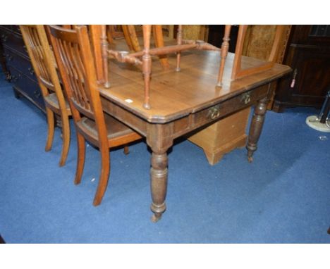 AN ARTS AND CRAFTS OAK DINING TABLE, with two drawers and brass handles, approximate size width 153cm x depth 121cm x height 