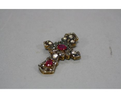 A MODERN GLASS FILLED RUBY AND DIAMOND ORNATE CROSS PENDANT, measuring approximately 50mm x 31mm, approximate total diamond w
