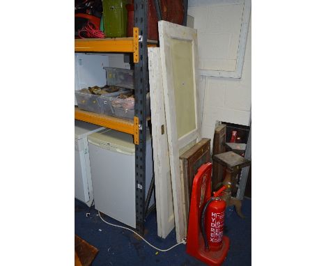 THREE PLASTIC TRAYS OF HAND TOOLS, planes, three painted doors, an oak framed window and an oak tripod table base