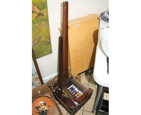 A FOLDING ARTIST'S EASEL, and a box of art equipment, etc